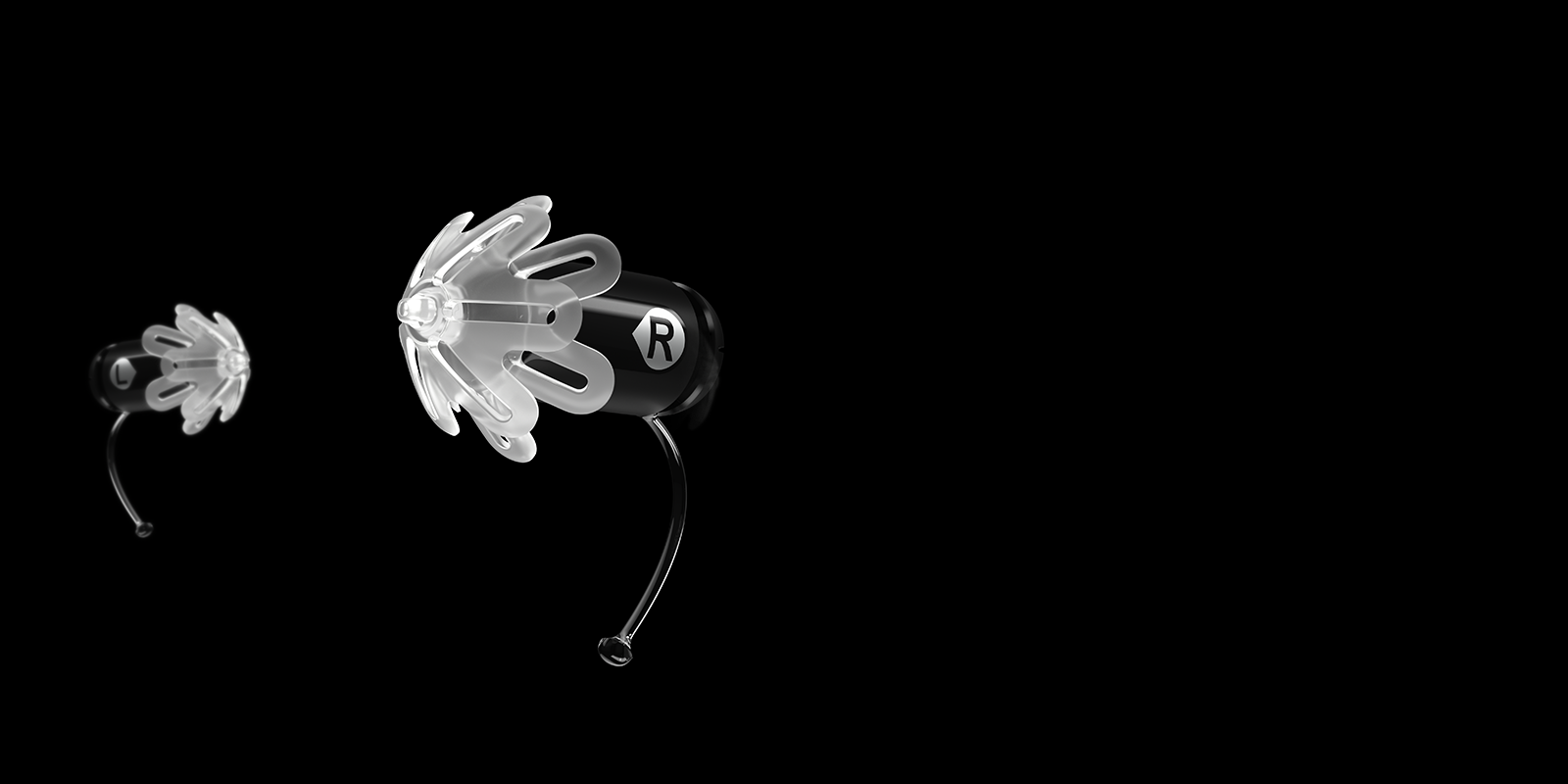 Eargo hearing aids on black background